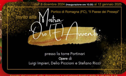 Oro (e) Avvento Portico di Romagna mantiene viva l'antica tradizione di allestire i presepi lungo le vie del paese durante le festività natalizie. Infatti tra l'8 dicembre 2024 e il 14 gennaio 2025 le strade, gli spazi verdi, le chiese e il giardino dell'antica Torre Portinari, ospiteranno i suggestivi presepi creati ad arte dai cittadini. Ad arricchire l'atmosfera natalizia, è prevista la mostra, “Oro (E) Avvento”, che coinvolge tre artisti: Luigi Impieri, Delio Piccioni e Stefano Ricci. L’esposizione è pensata per aggiungere, ai vari eventi, un’aura artistico/culturale, con il proposito di fare ammirare al pubblico, nel contesto scenografico della Torre Portinari, alcune opere che attengono al tema dell’Avvento, oggi più che mai inteso e atteso come l’arrivo di un periodo di pace. Come direbbe Papa Francesco, una pace basata sul rispetto di ogni persona, qualunque sia la sua storia, sul rispetto del diritto e del bene comune, del creato che ci è stato affidato e della ricchezza morale trasmessa dalle generazioni passate. Tutte le opere sono collegate al tema dell’Avvento e sono in comunicazione anche fra loro attraverso il filo conduttore deputato al re dei colori, l’oro (pigmento che fa pensare alla felicità, alla prosperità, alla gloria, ma anche alla sfera spirituale e trascendente). La mostra si svilupperà su tre dei quattro piani dell’antica torre a cui sarà possibile accedere grazie ad una scala centrale. La volontà degli artisti, assecondando la verticalità dello spazio espositivo, è quella di voler ricreare una “installazione” composta da opere fruibili sia in senso ascensionale che discensionale. Impieri, Piccioni e Ricci vogliono così evocare un attraversamento che inizialmente sarà in salita, per simboleggiare, procedendo verso il “cielo” ( luogo dello spirito), il distacco dalla “madre terra” (la materia), per poi lasciare percepire, durante la discesa, la sensazione del passaggio che dall’immateriale procede verso il reale.